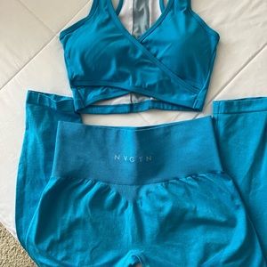 NVGTN Seamless Contour Leggings and Racerback Sports Bra Aqua Set